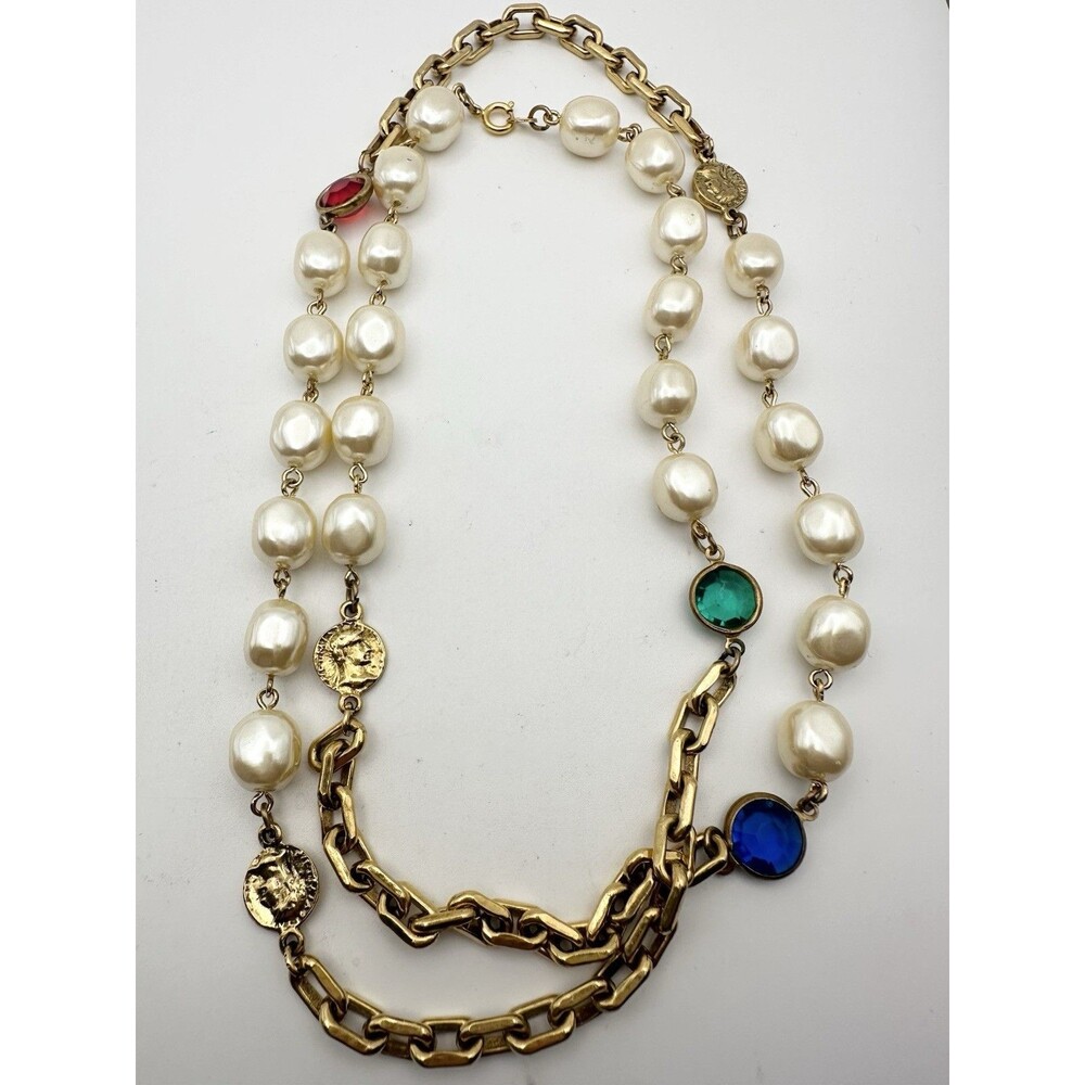 Vintage Gold Tone Faux Pearl Coin Style Rhinestone Necklace 34”